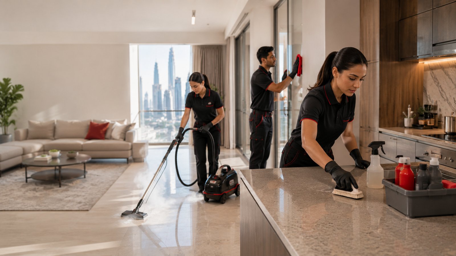 Pure Care cleaning team deep cleaning a Dubai apartment